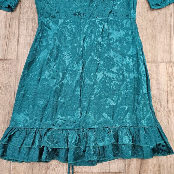 Revolve Majorelle Dress Size M Green Satin Floral Jacquard Puff Sleeve Ruffle - Picture 13 of 16